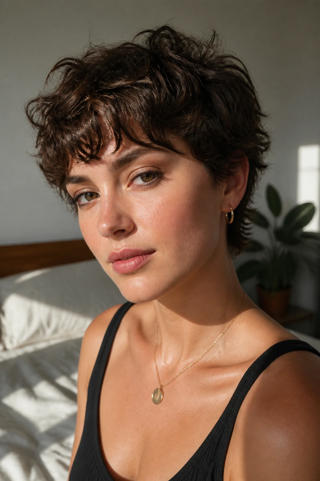 Close-up of real person with mini shag pixie in sunlit room
