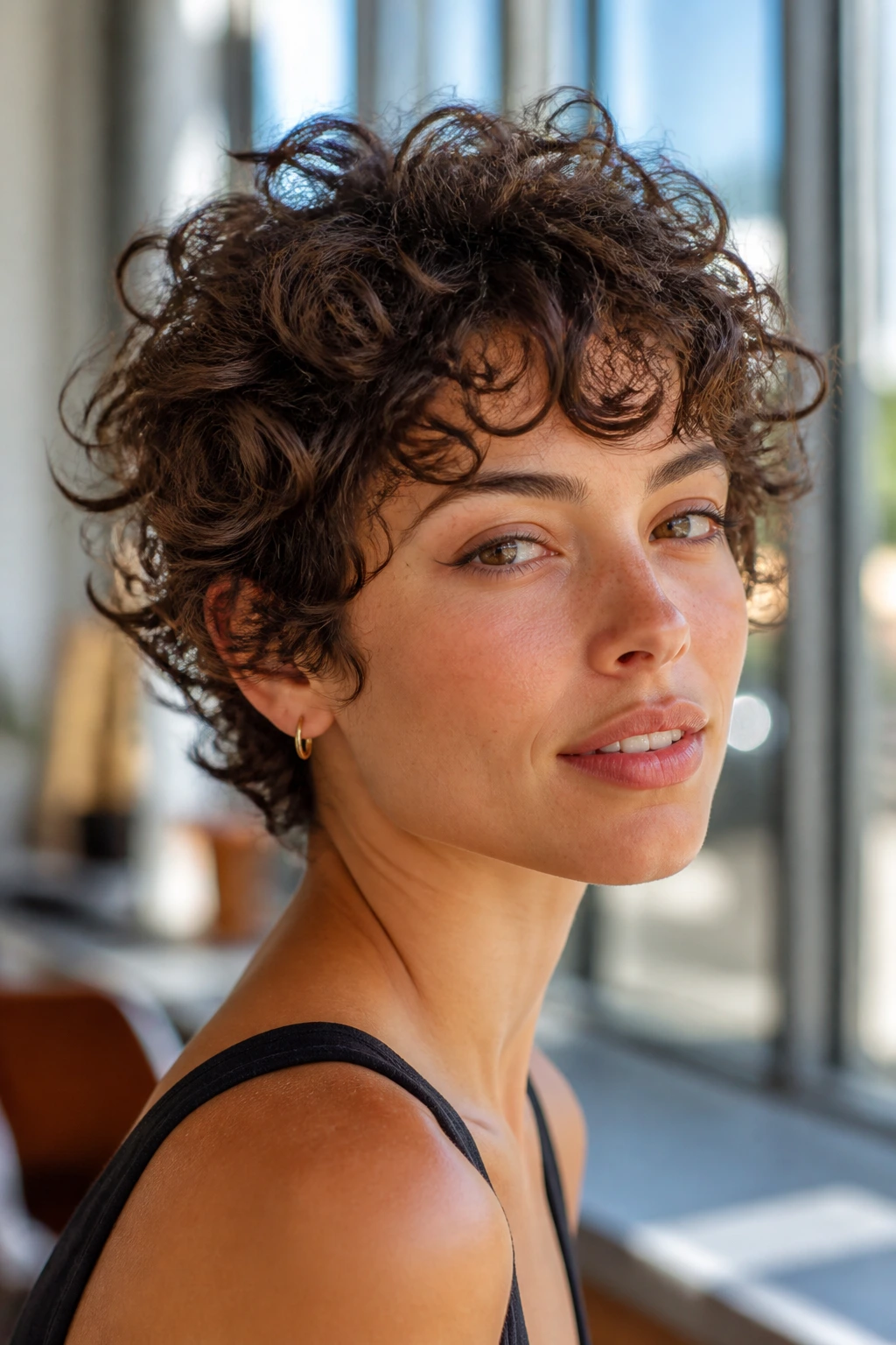 Portrait of a real woman with a mini shag hairstyle on short curly hair