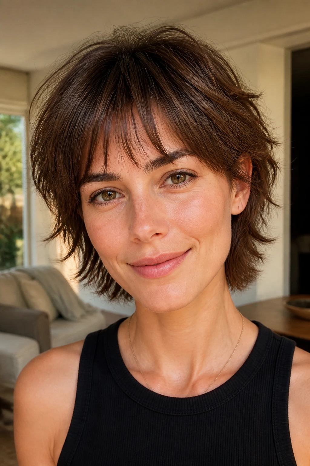 Close-up of real woman with mini shag and wispy bangs in a sunlit living room.