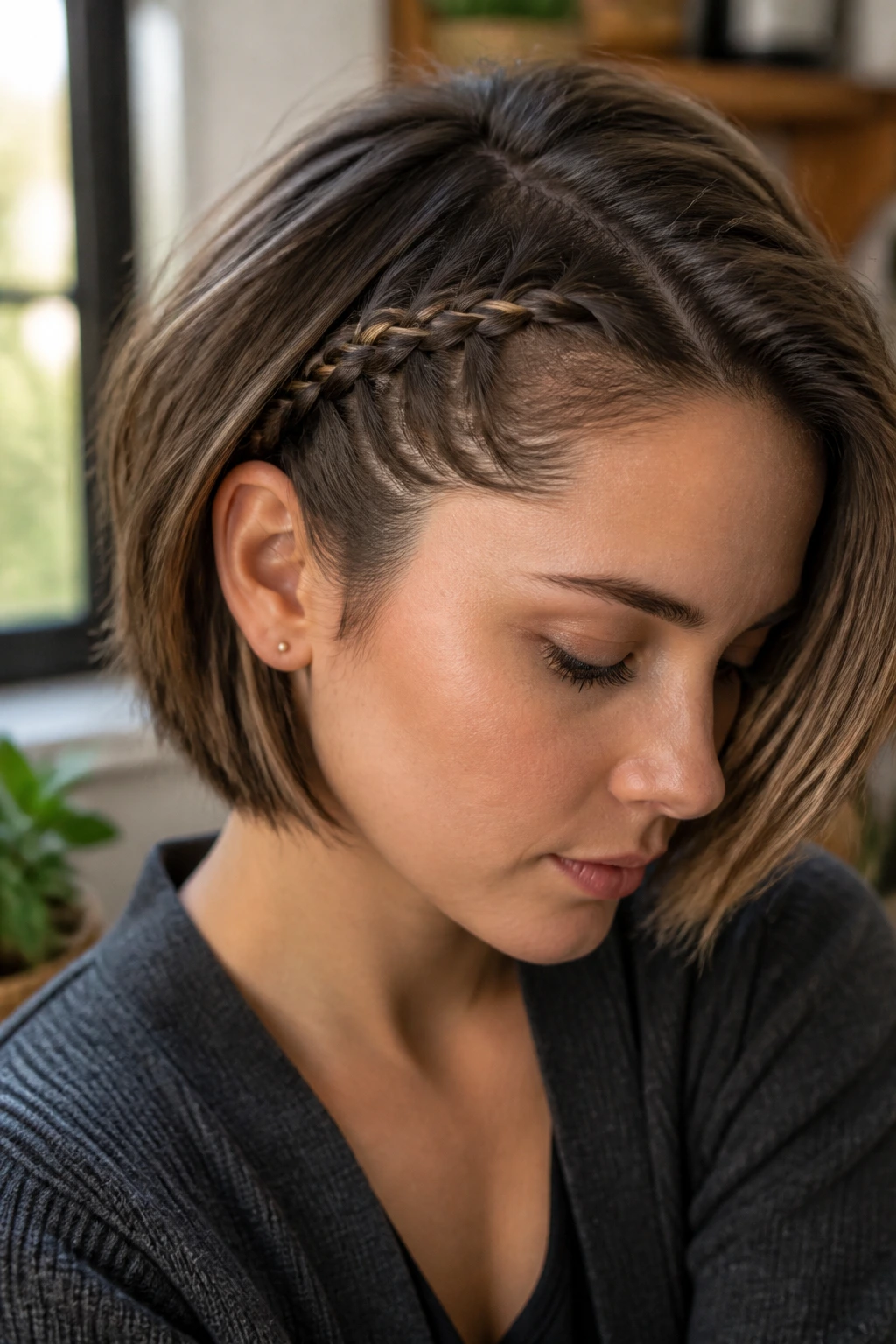Close-up of a bob with a small side French braid along the temple