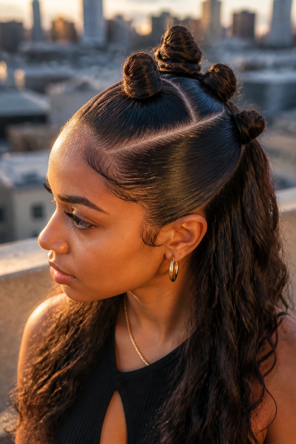 Close-up of a real person with mini space-bun mohawk along the center