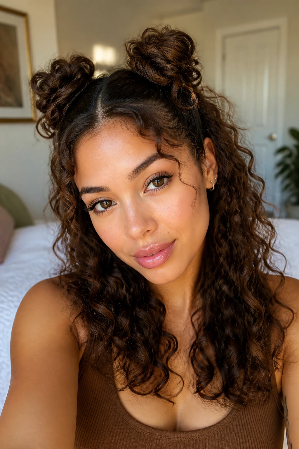 Close-up of a real woman with two small space buns and loose curls below