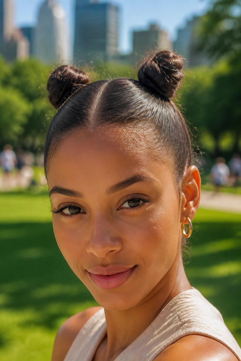 Close-up of a woman with mini space buns outdoors in daylight