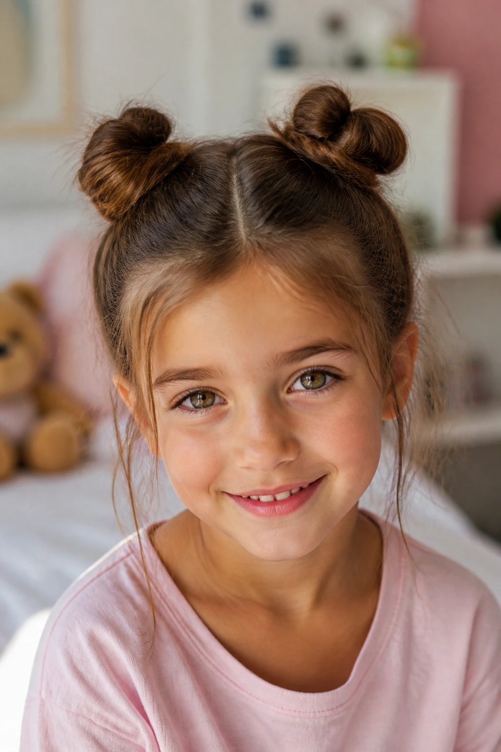 Close-up of a real girl with two mini space buns on top of the head
