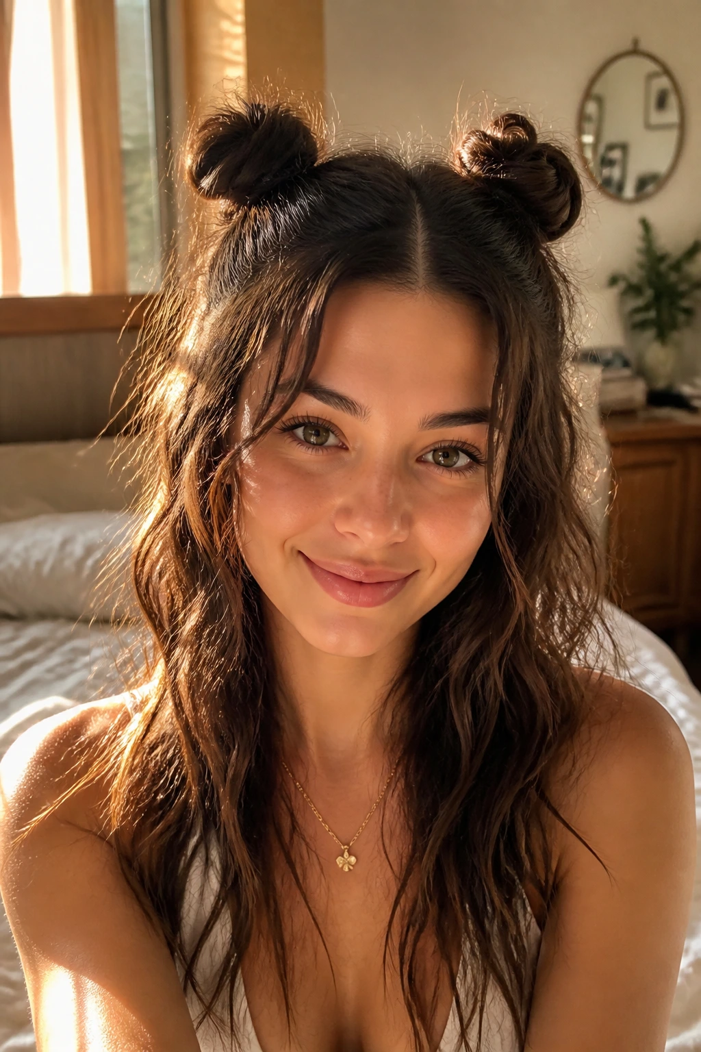 Close-up of a real woman with mini space buns in soft waves in a cozy sunlit bedroom