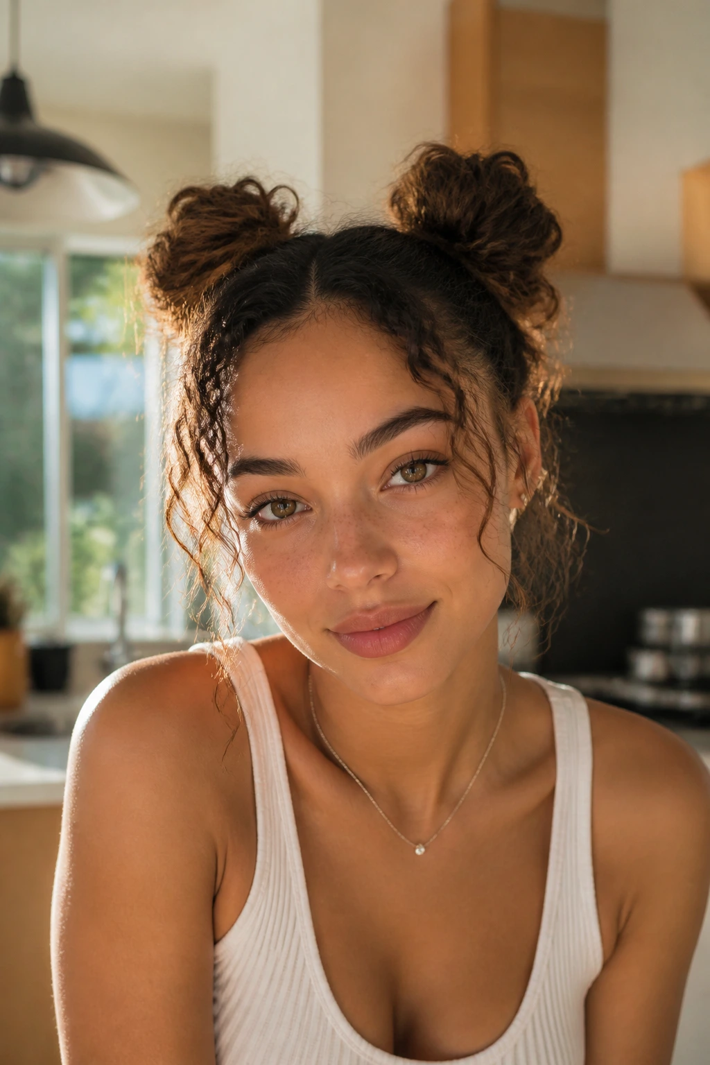 Real woman with two mini space buns on top of her head with face-framing strands.