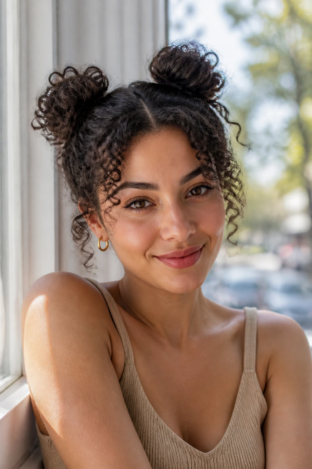 Close-up of a real person with two mini space buns at the top of the head