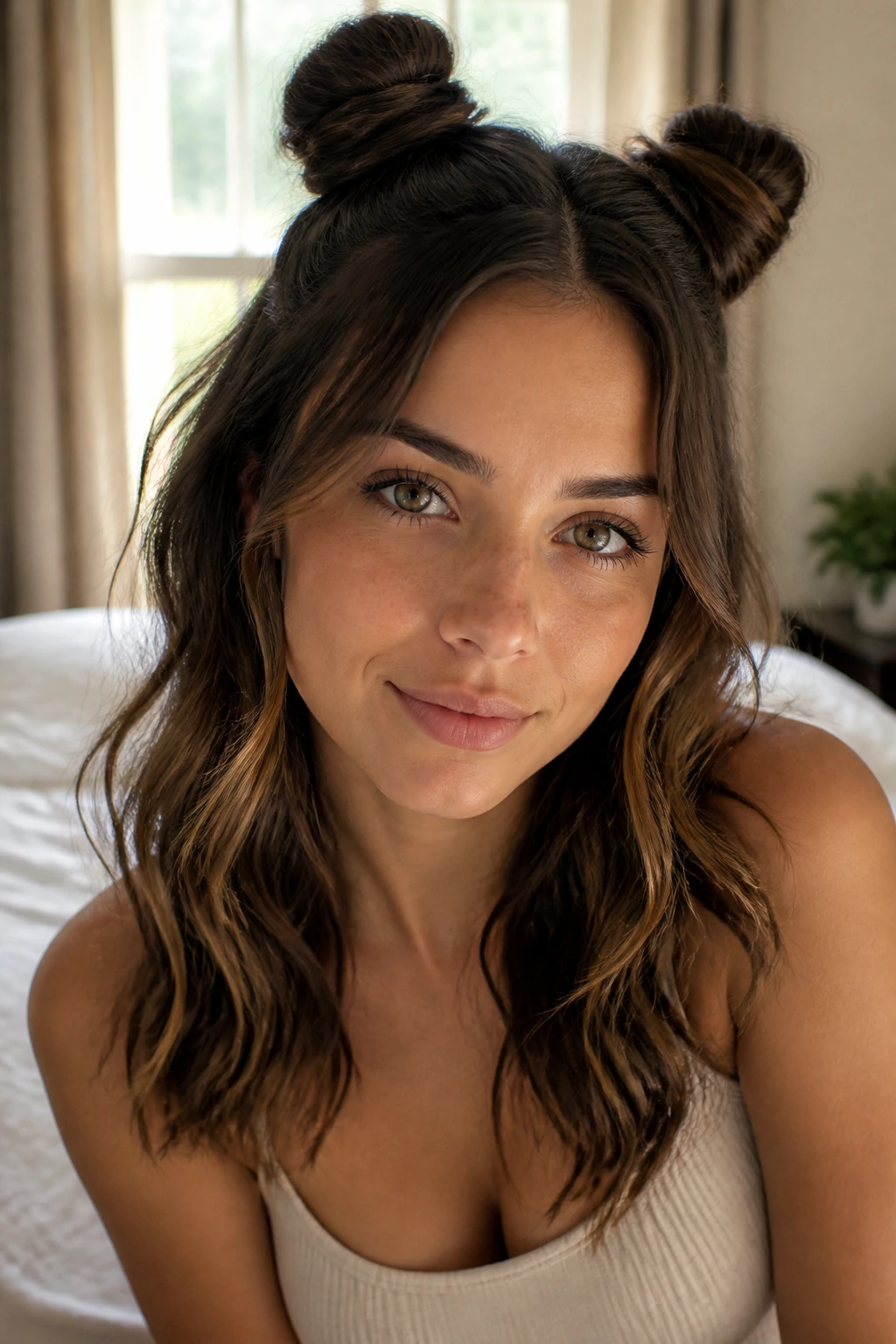 Close-up of a real woman showing two mini space buns and loose waves in a softly lit bedroom