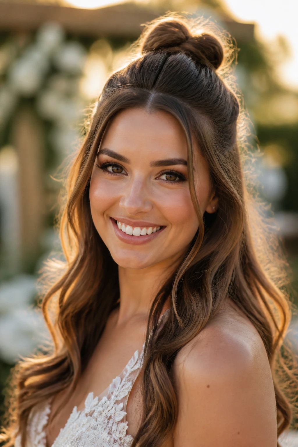 Close-up of mini top knot half up with flowing length on a real person