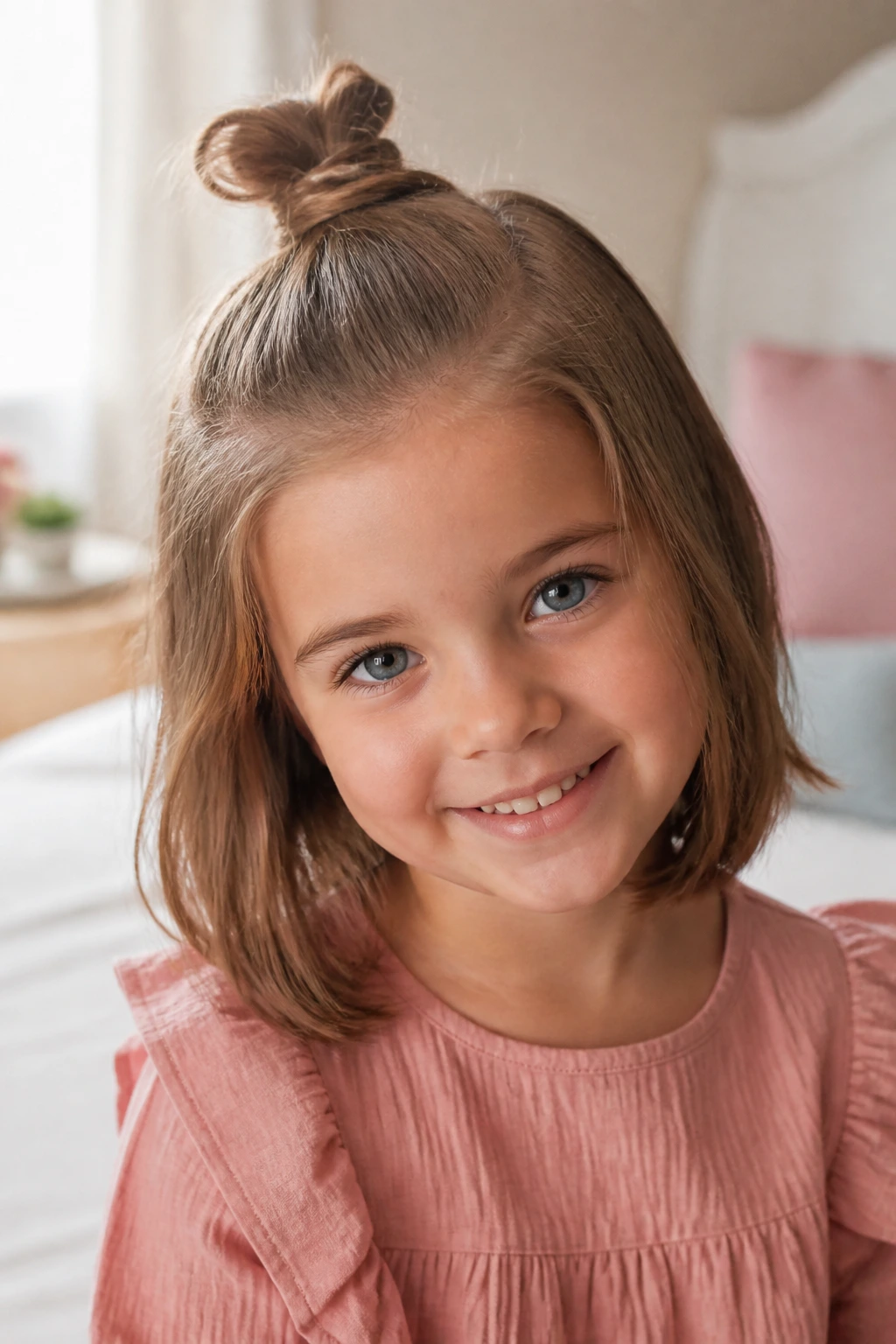 Close-up of a young girl with a mini half-up top knot on crown hair