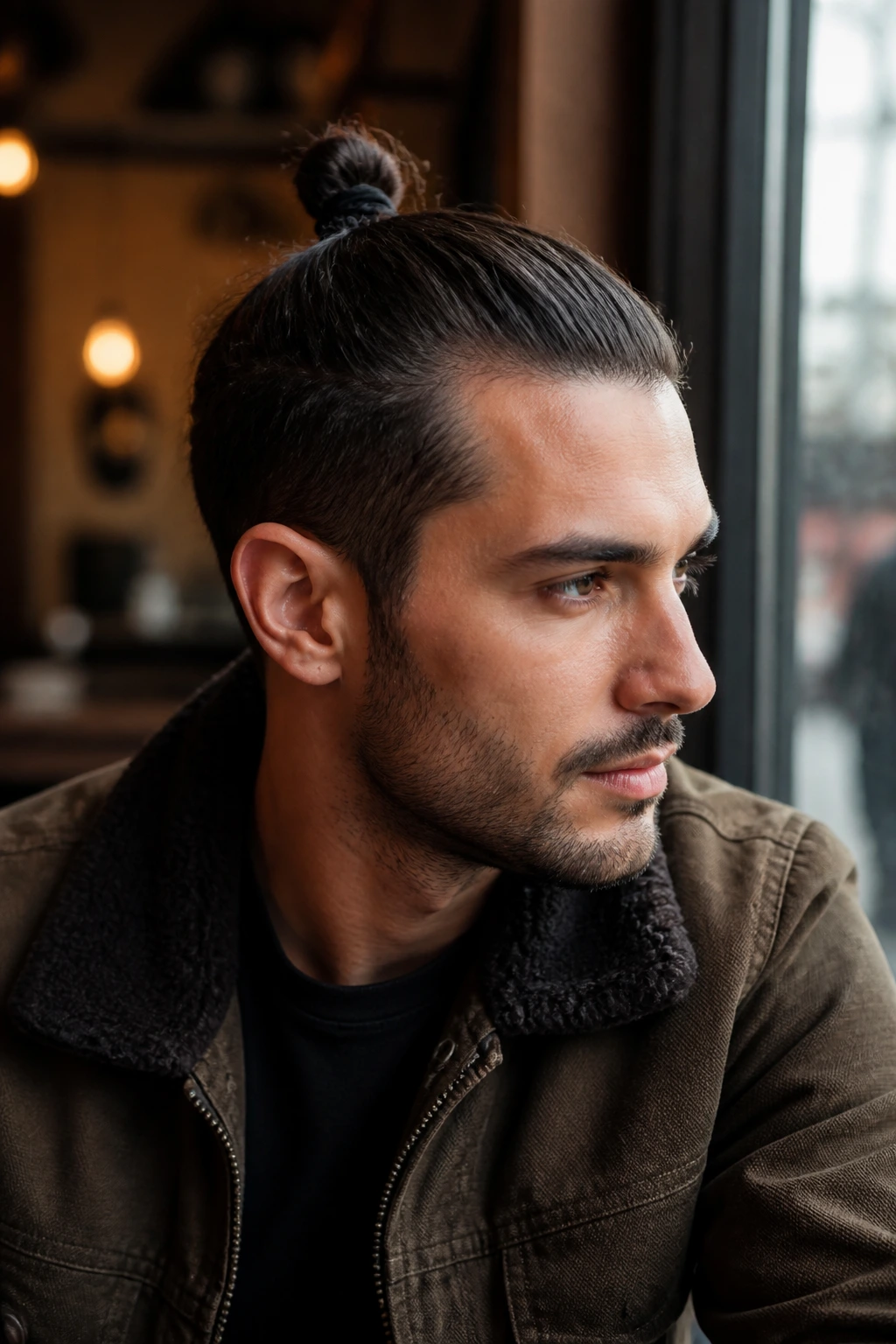 Close-up portrait of a real man with a mini top knot at the crown, in cafe window light