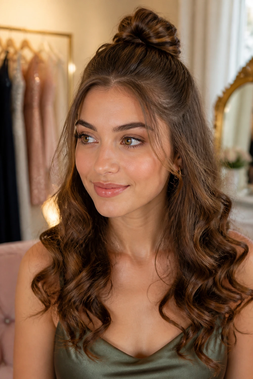 Close-up of a real woman with a mini top knot and loose curls