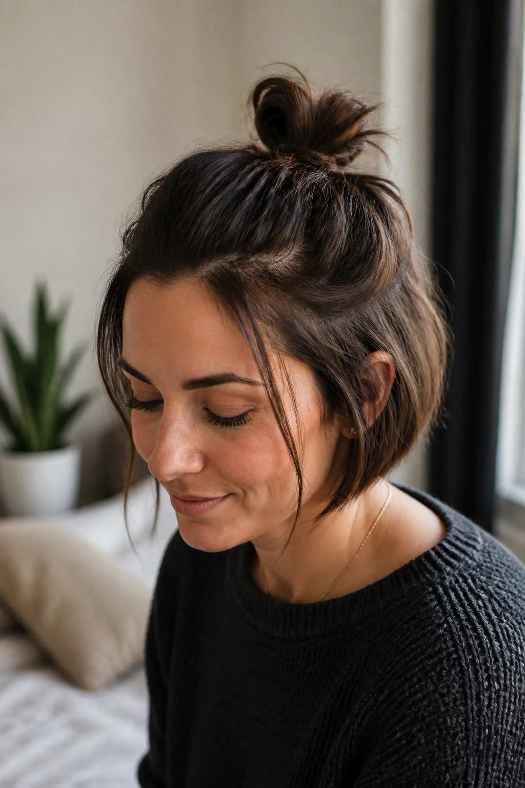 Real woman with a mini top knot on short hair