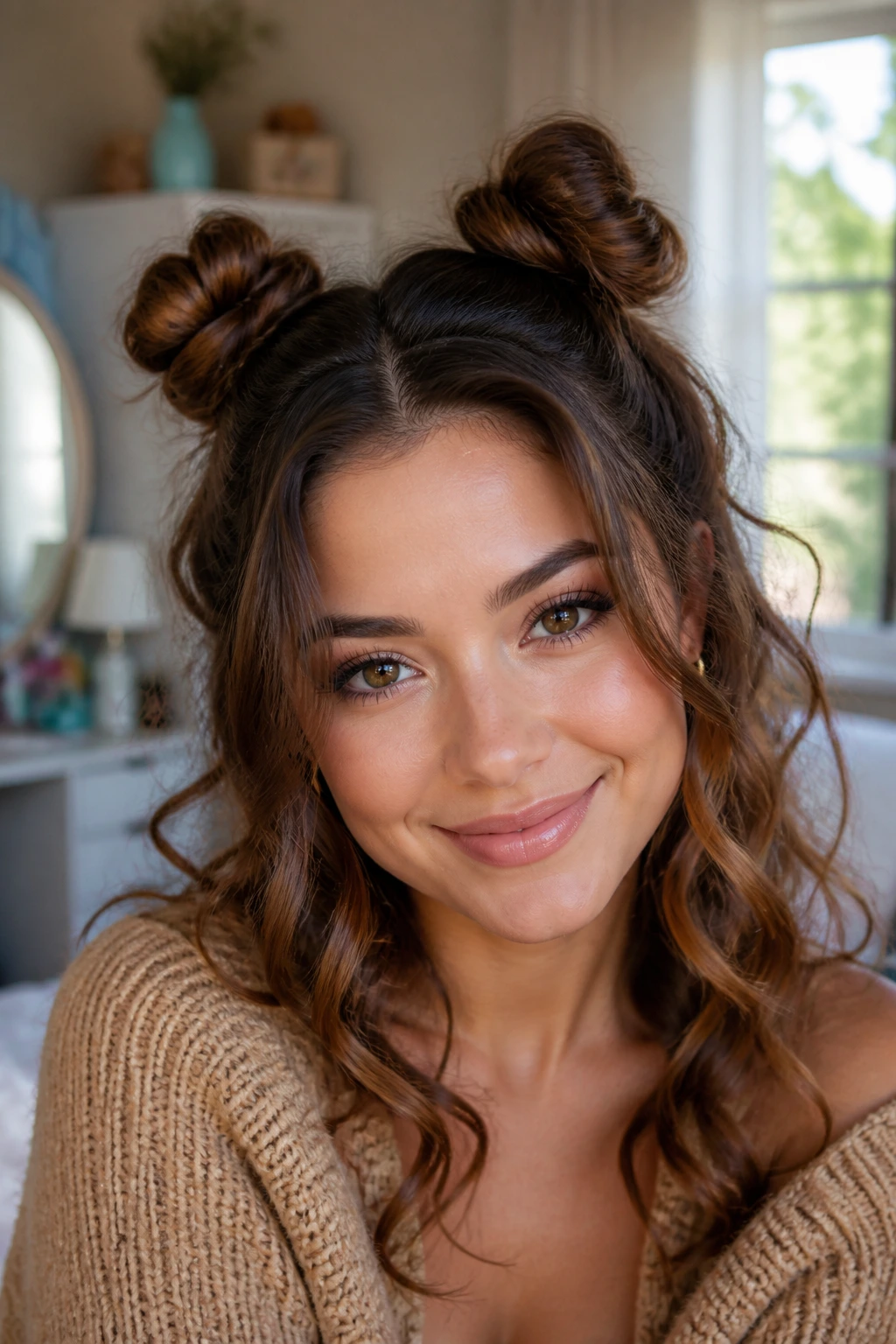 Close-up of a real woman with mini twin buns and soft curls