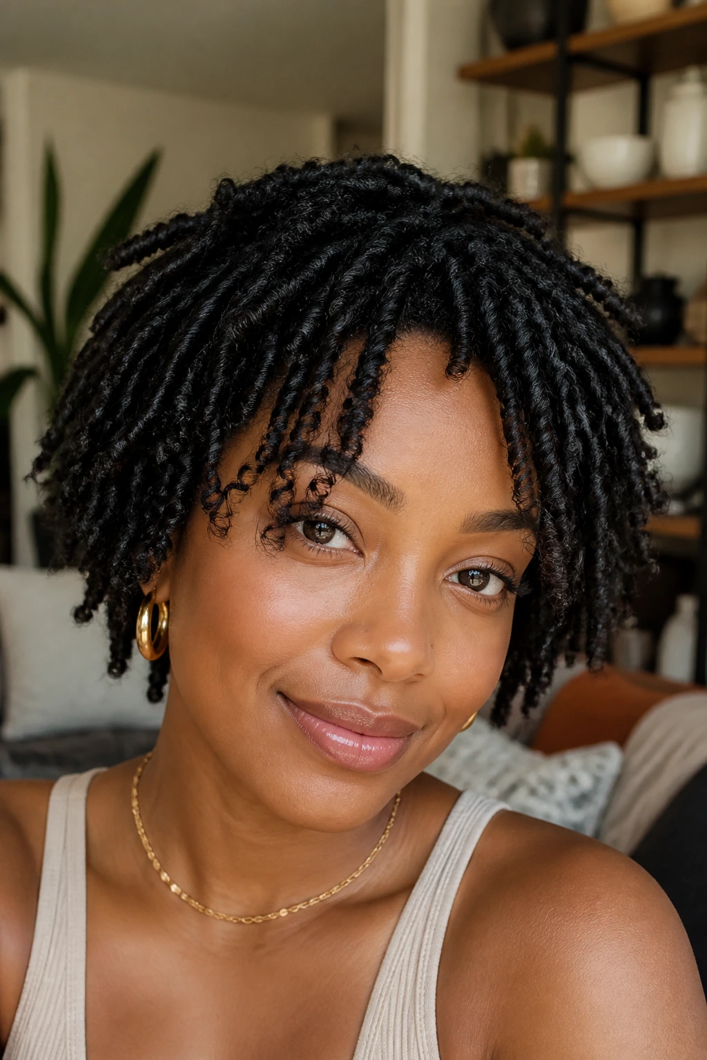 Real person with mini twist-out and loose ends in cozy daylight
