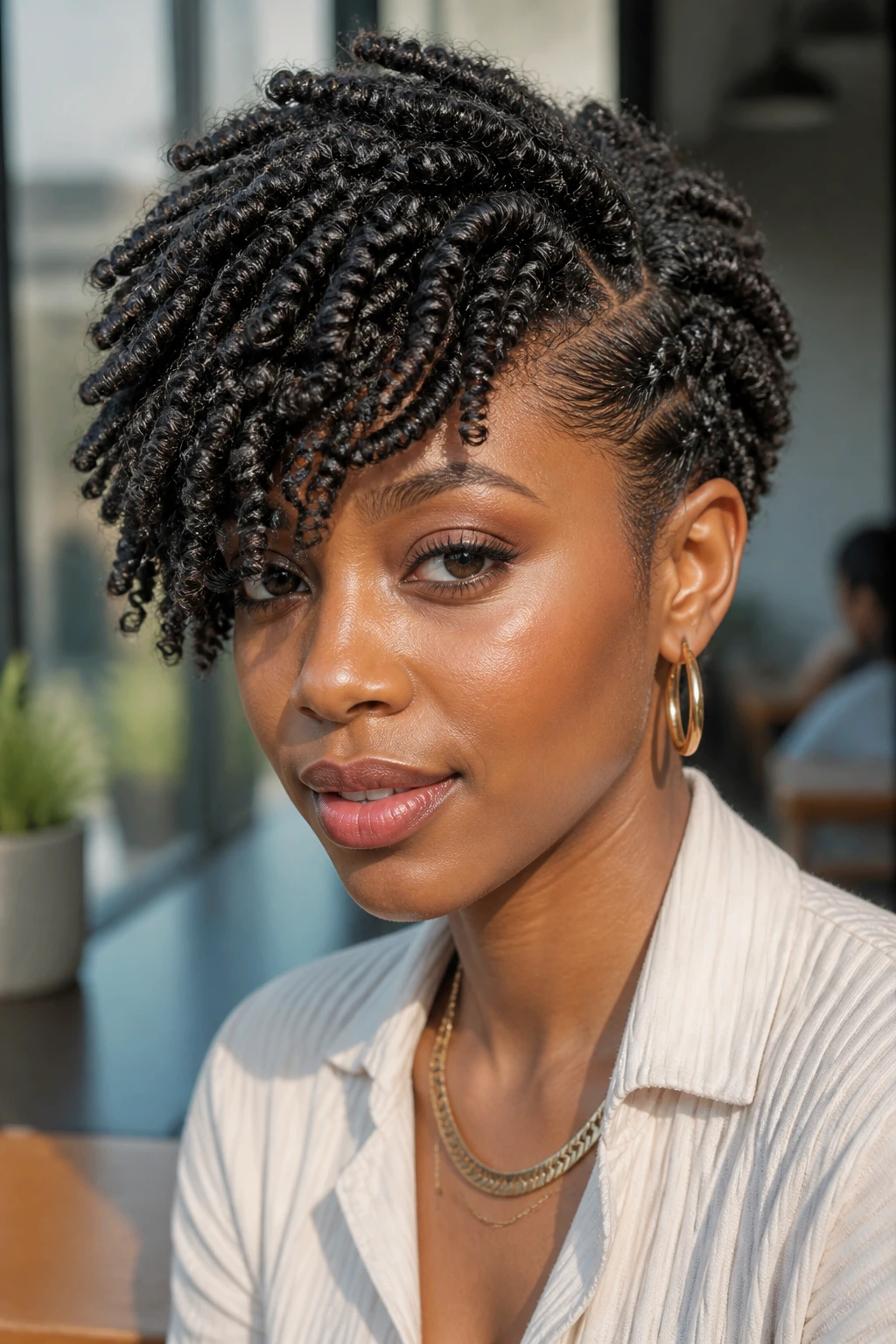 Close-up of a Black woman with mini twist-out and side sweep.