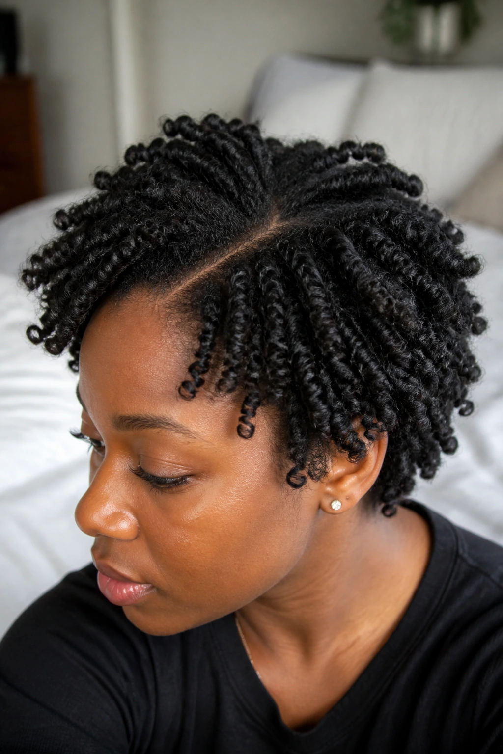 Close-up of a real person with mini twist-out and stretched roots