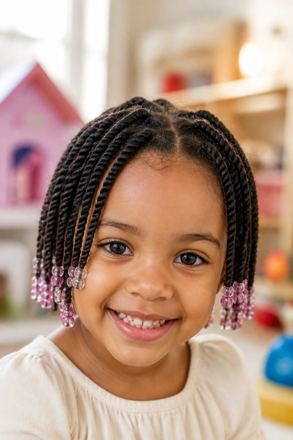 Close-up of tiny twists with bead ends on a real child's hair