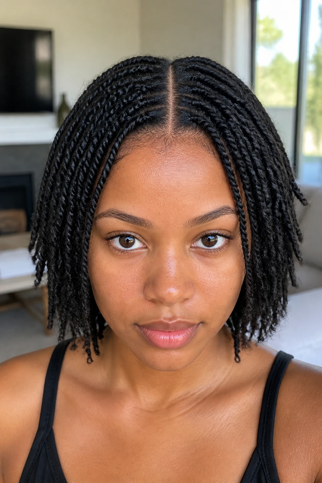 Close-up of a real person with mini two-strand twists and a sharp center part in natural light