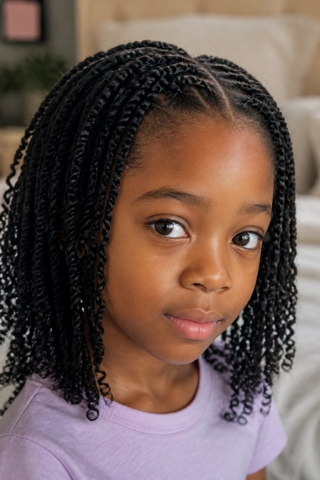 Close-up of child with mini twists for long wear