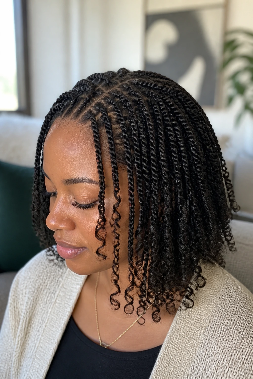 Close-up of a woman with mini twists and curly ends