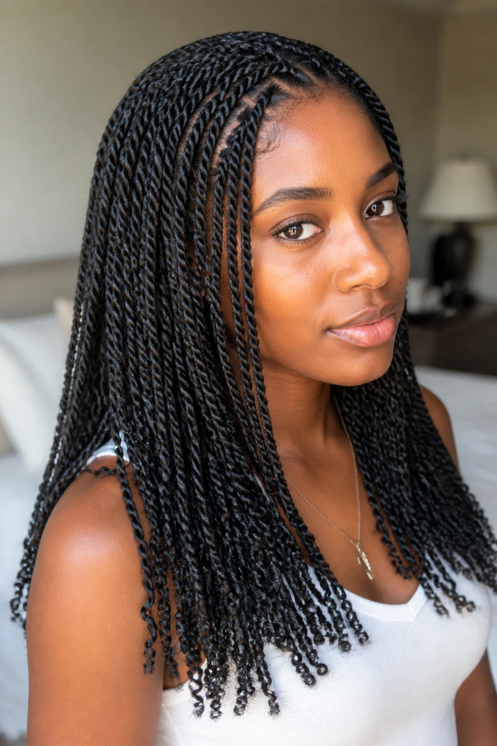 Close-up of a woman with neatly defined mini twists.