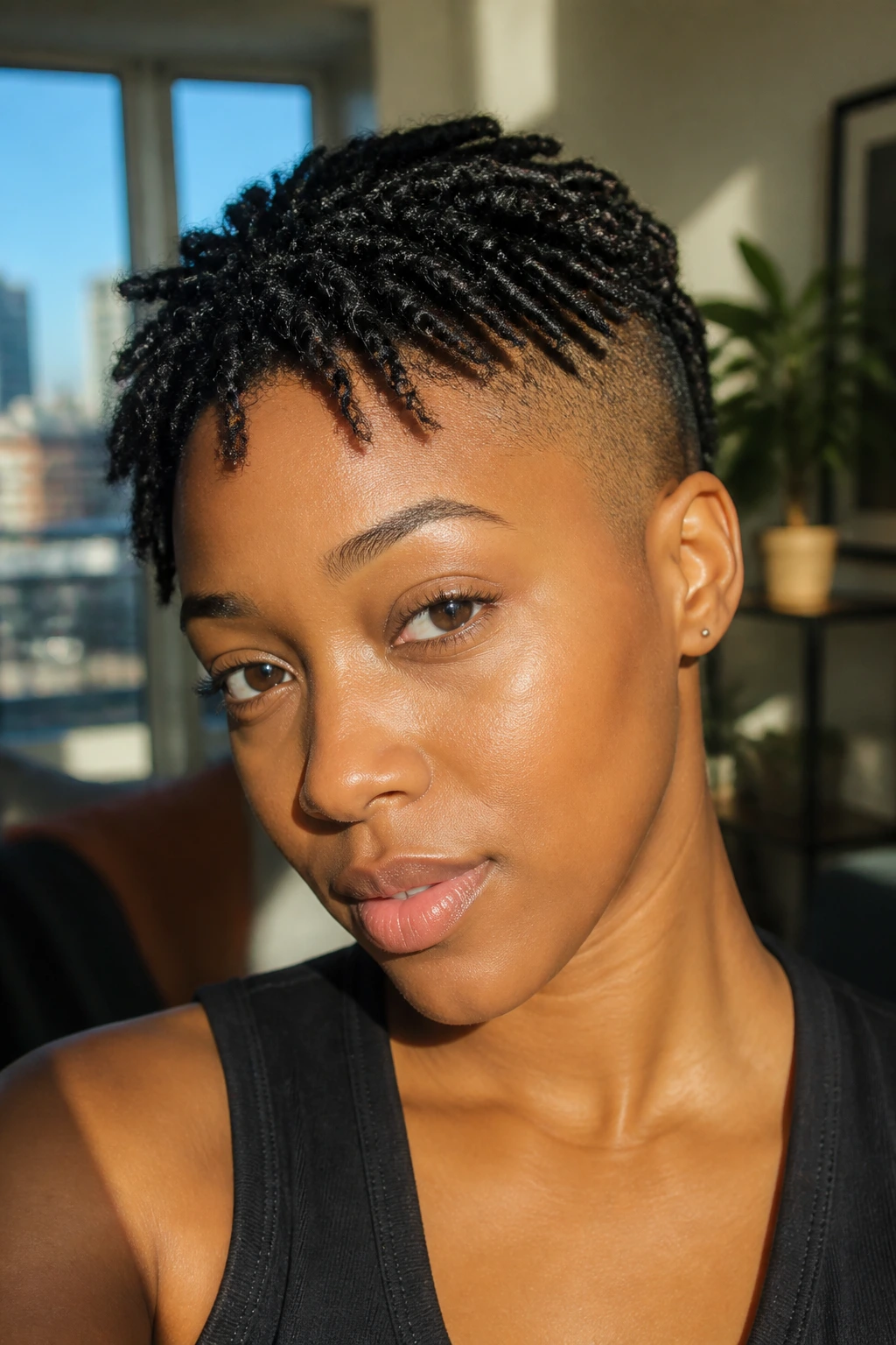 Close-up of a real person with mini twists and a side fade, natural daylight