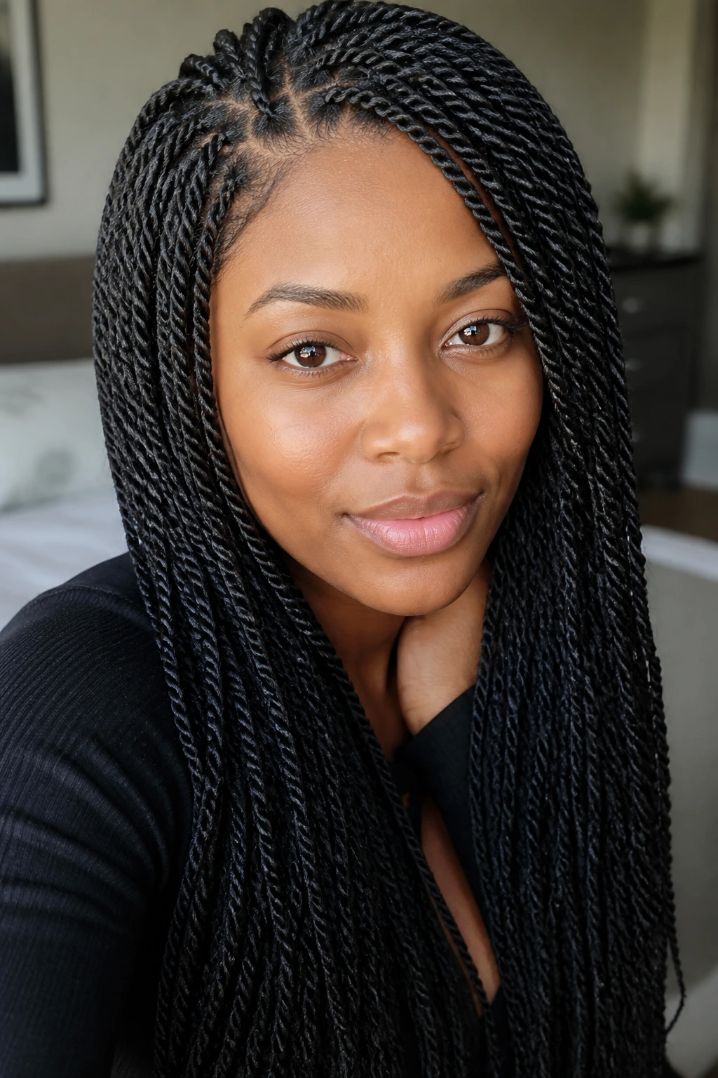 Close-up of a real woman with many tiny mini twists giving long-wear style.