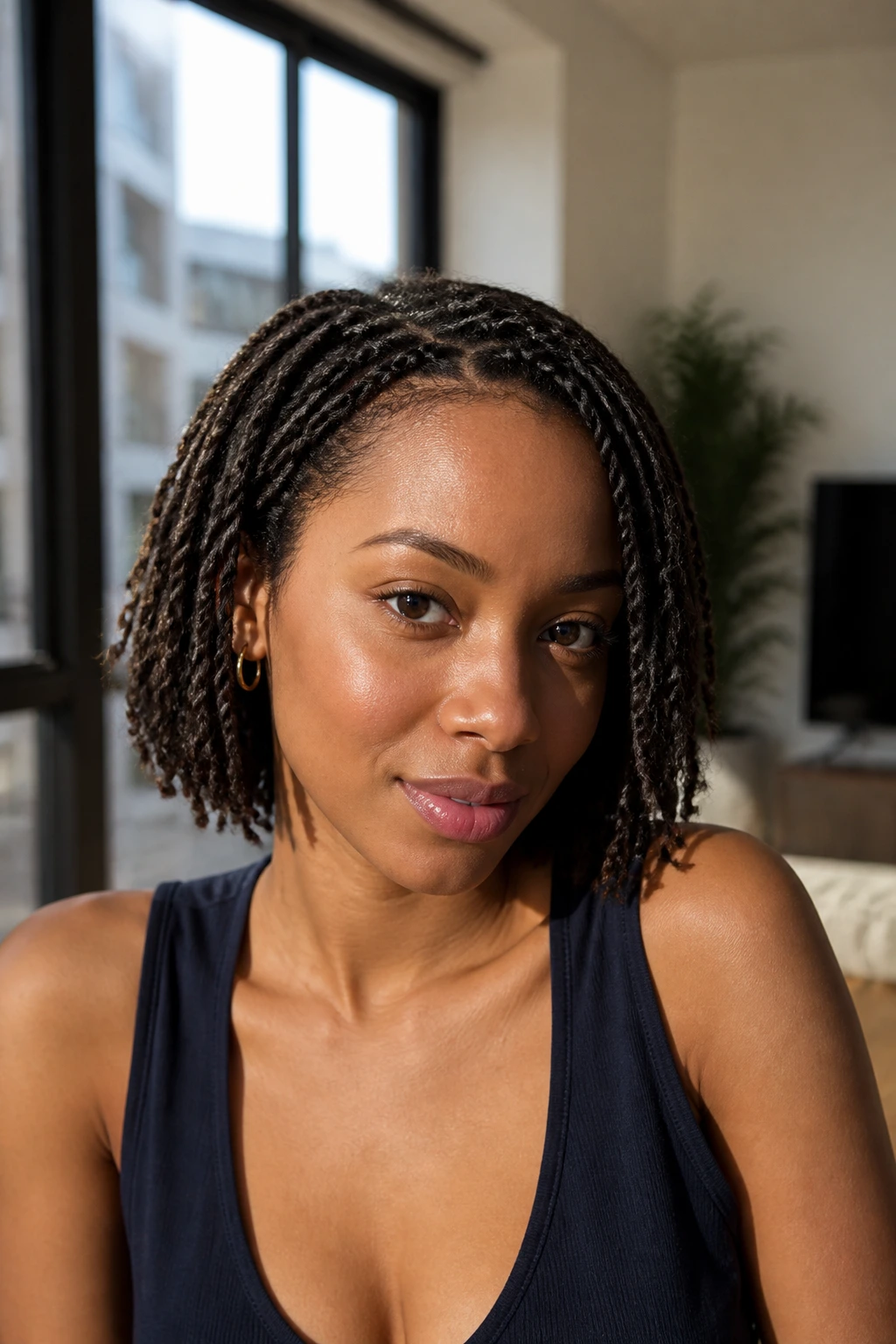 Portrait of a real woman with mini twists styled into a loose bob