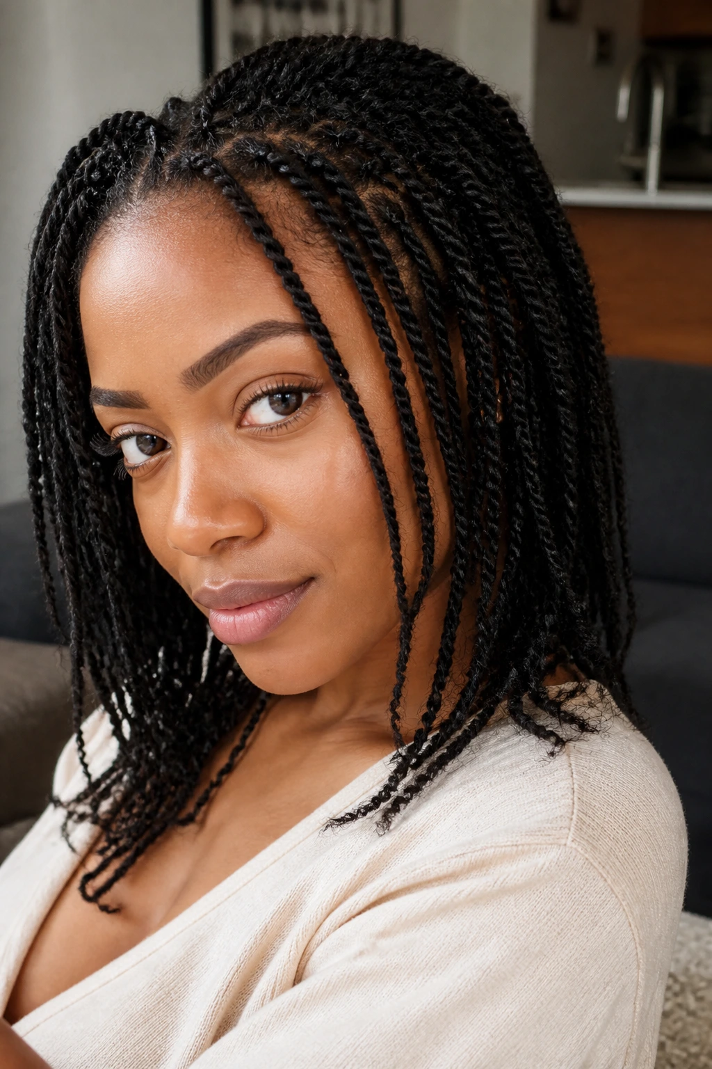 Close-up of a real woman with mini twists filling the frame