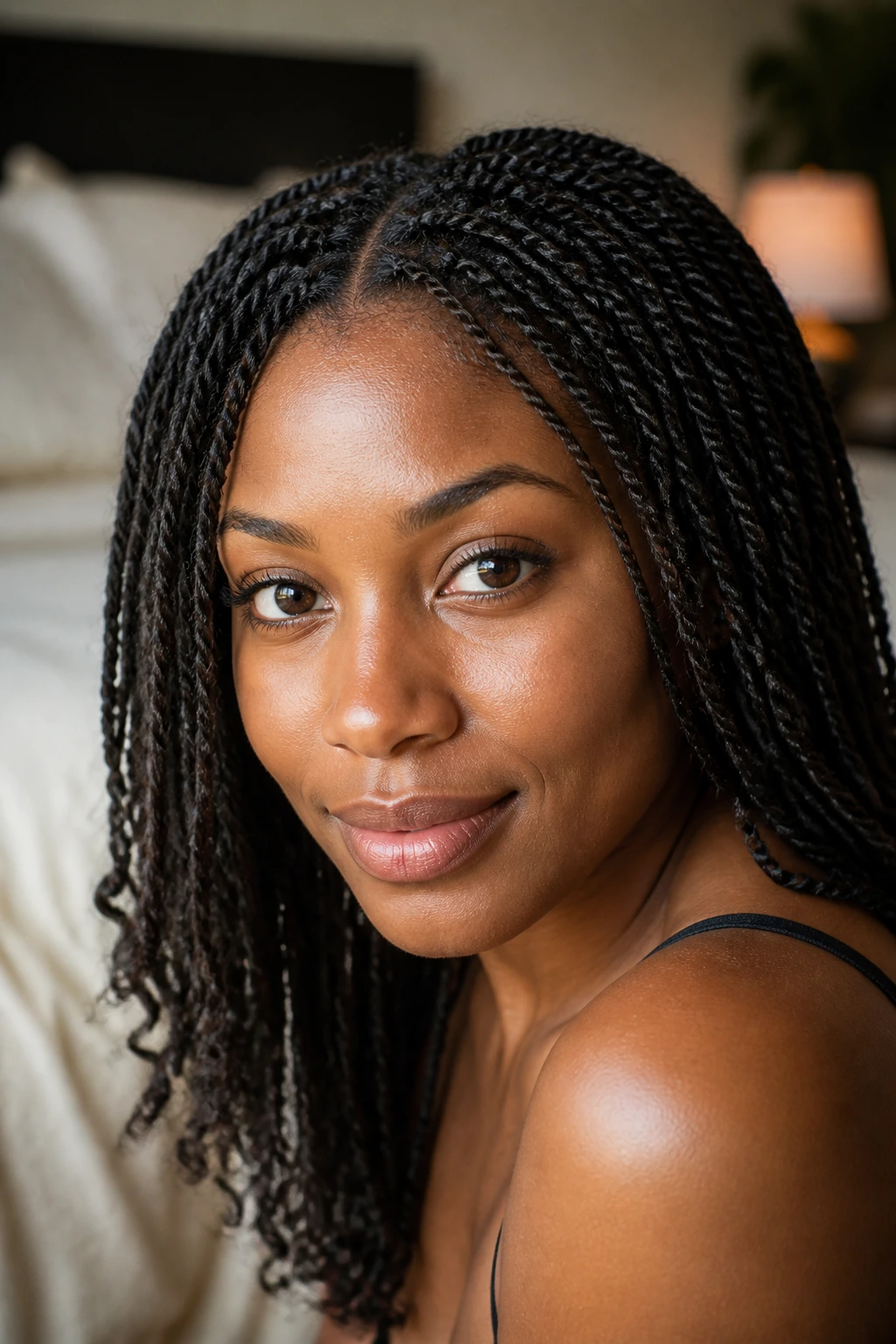 Close-up of a real Black woman's head with mini twists filling the frame, natural window light