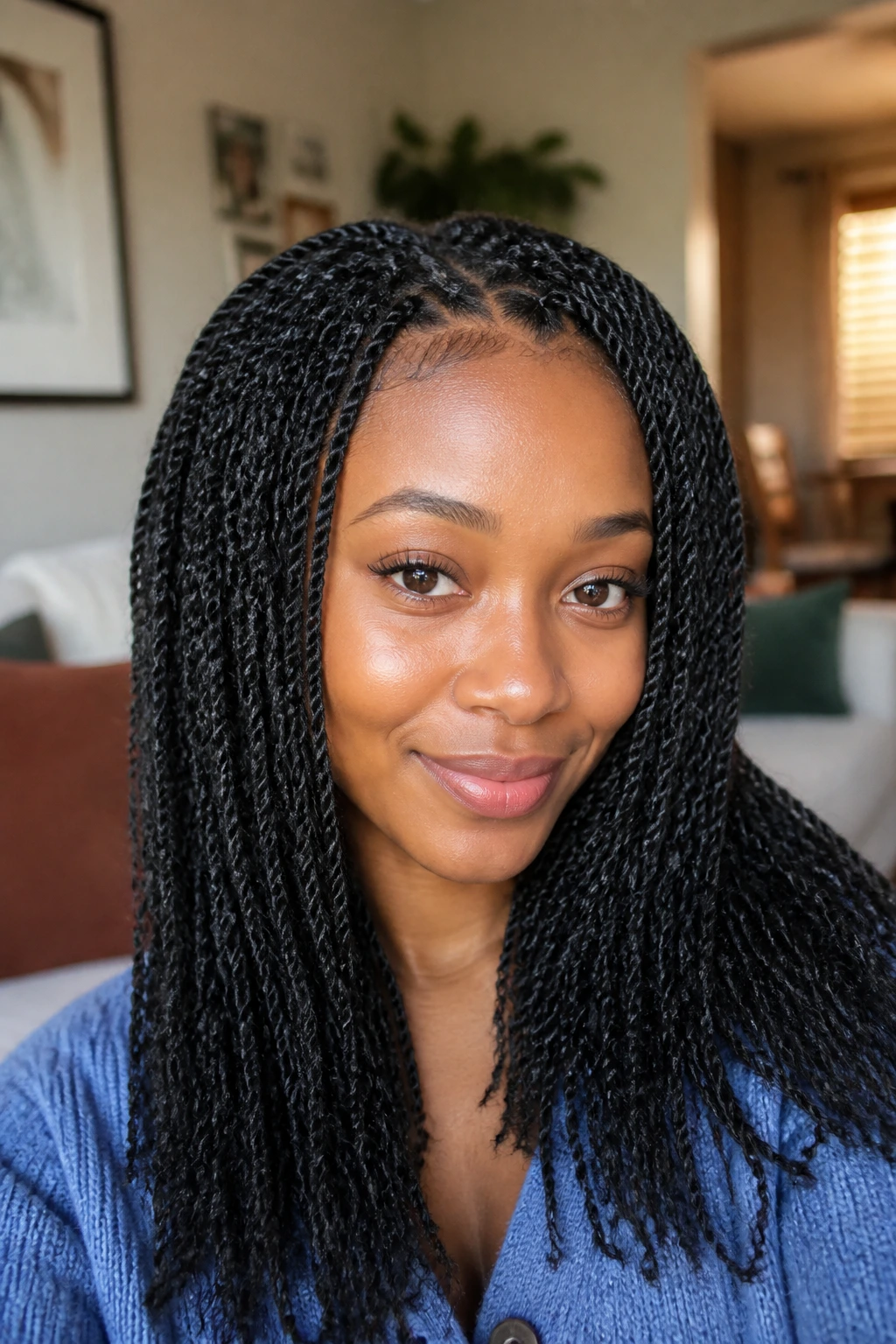 Close-up portrait of a real Black woman with mini twists.