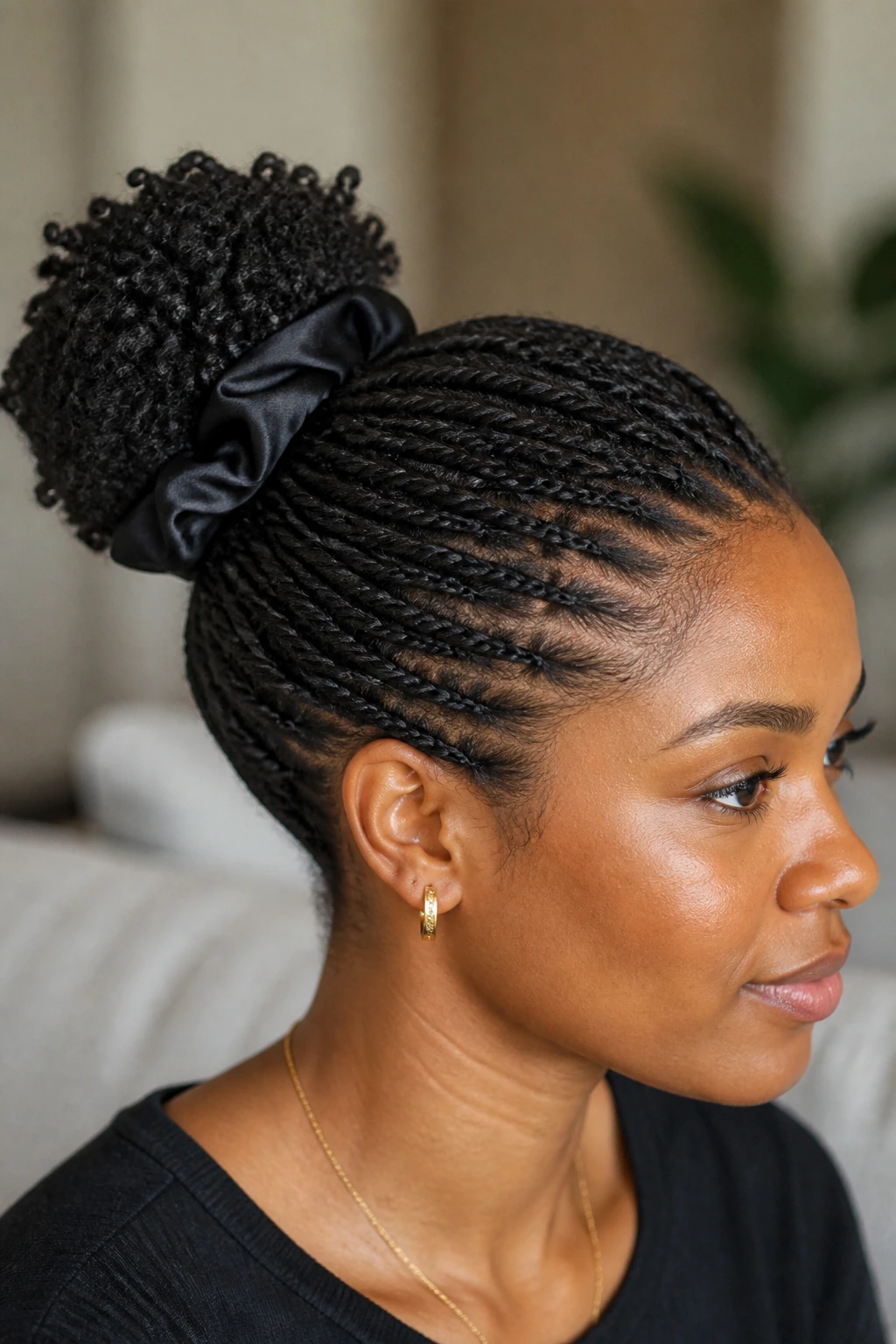 Close-up of a real woman with mini twists pulled into a crown puff