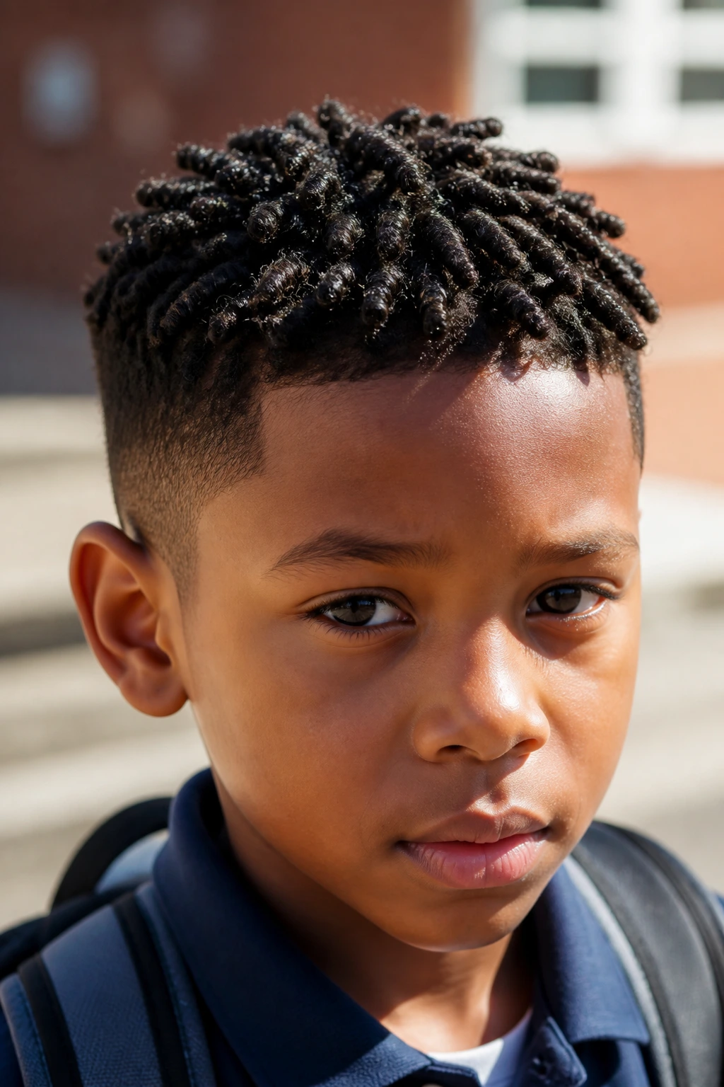 Close-up portrait of a schoolboy with neat mini twists and tapered sides