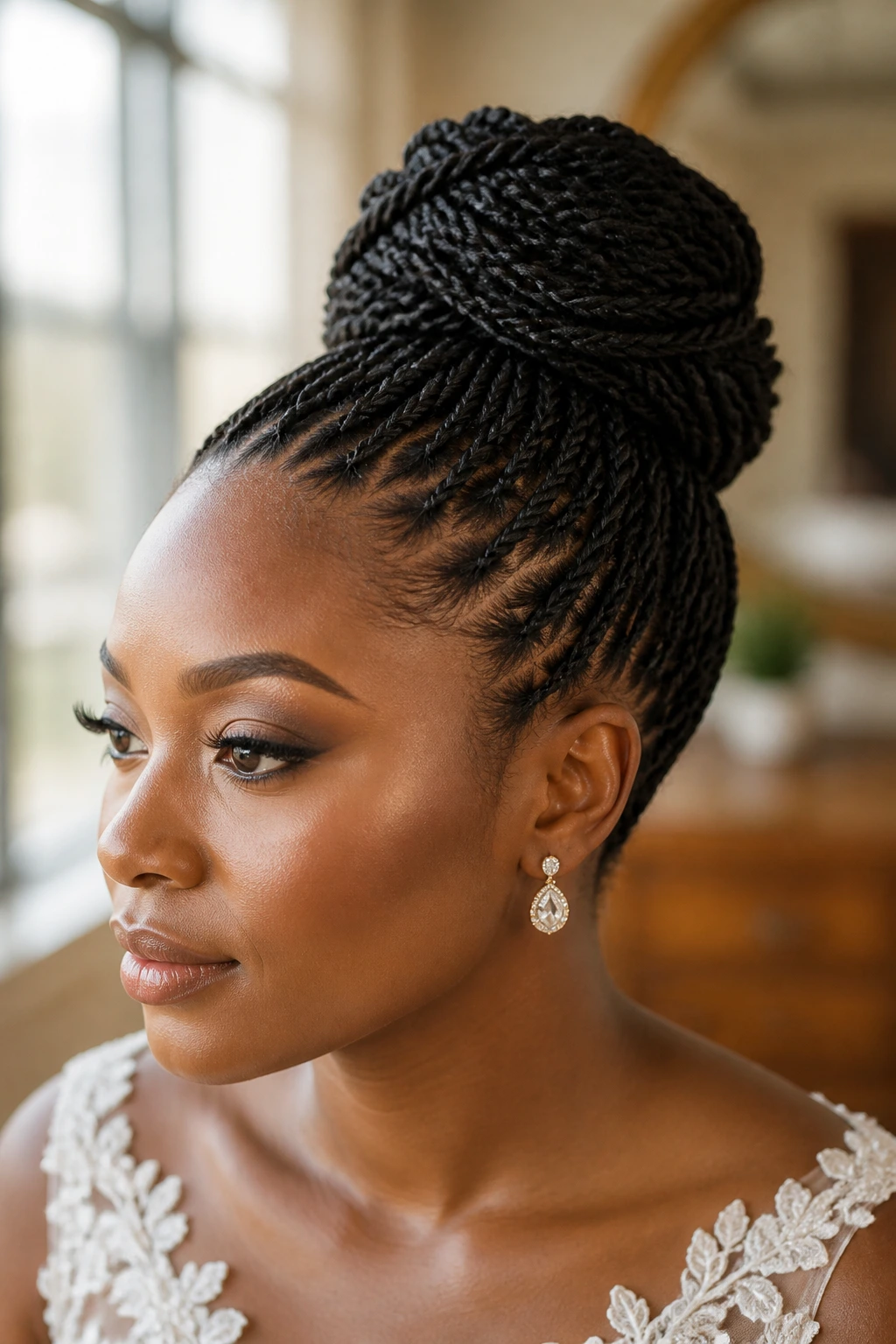 Close-up of real bride with mini twists in a sculpted bun in warm bridal lighting