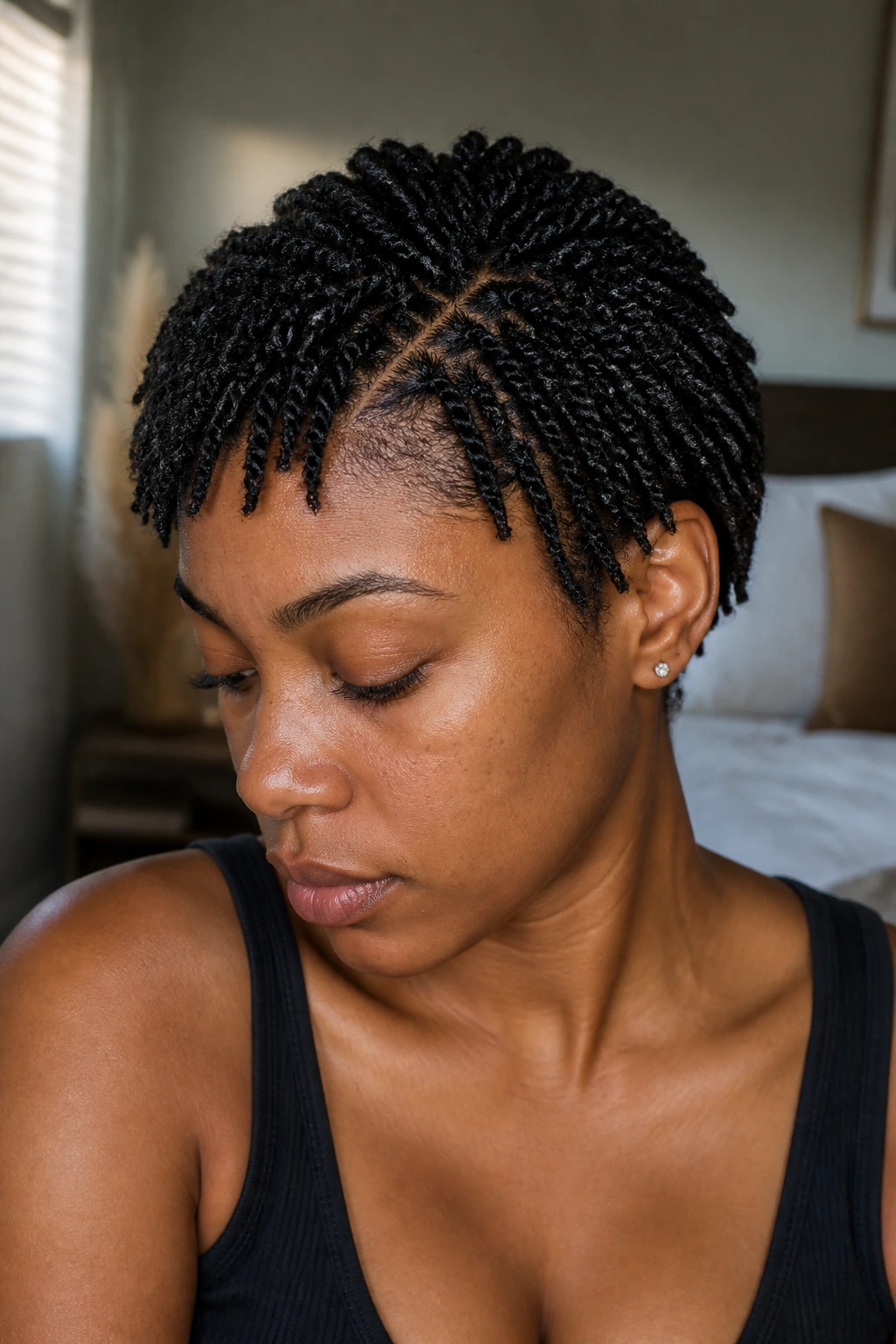 Close-up of mini twists hairstyle on real person