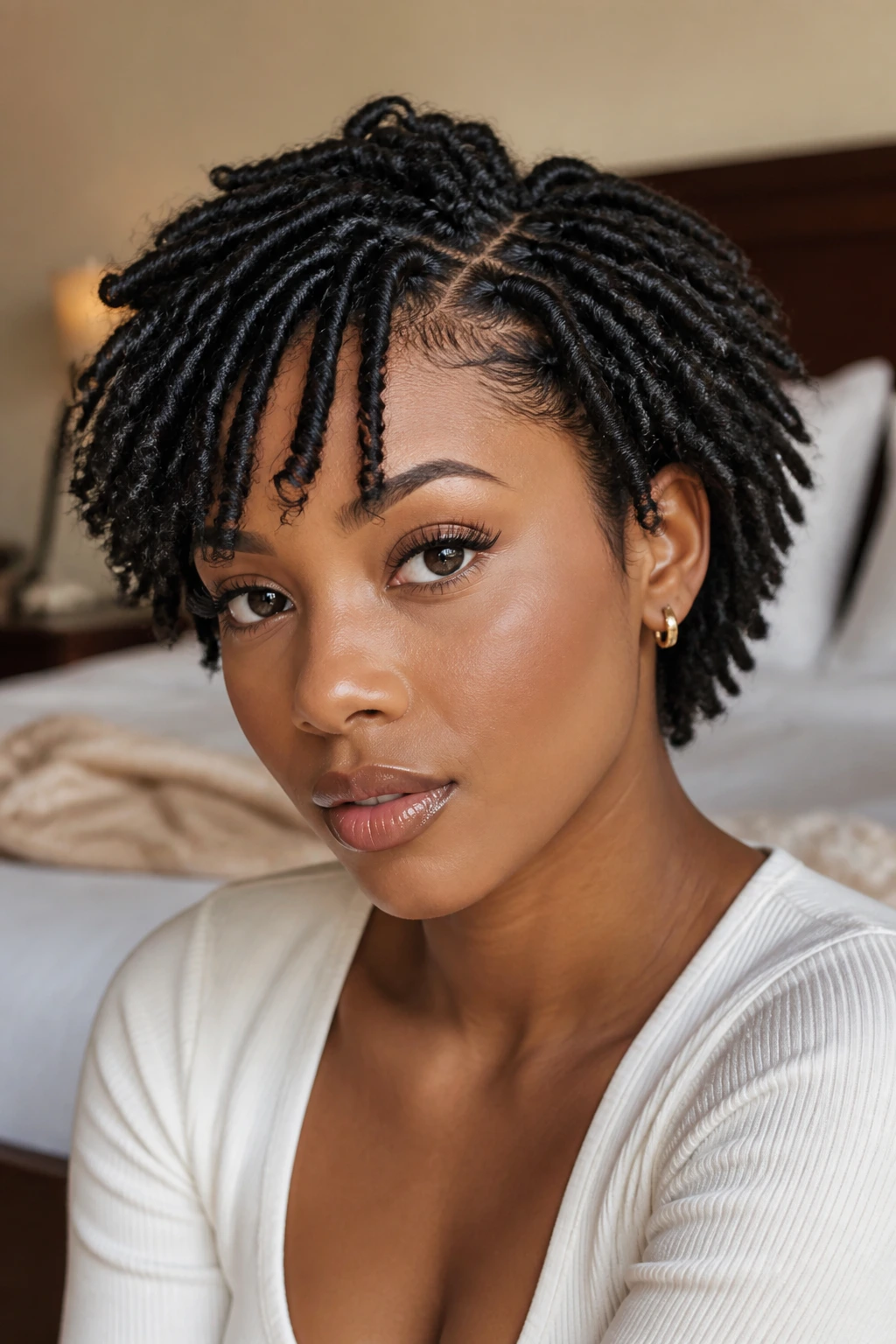 Close-up of real person with mini twists for short thick hair