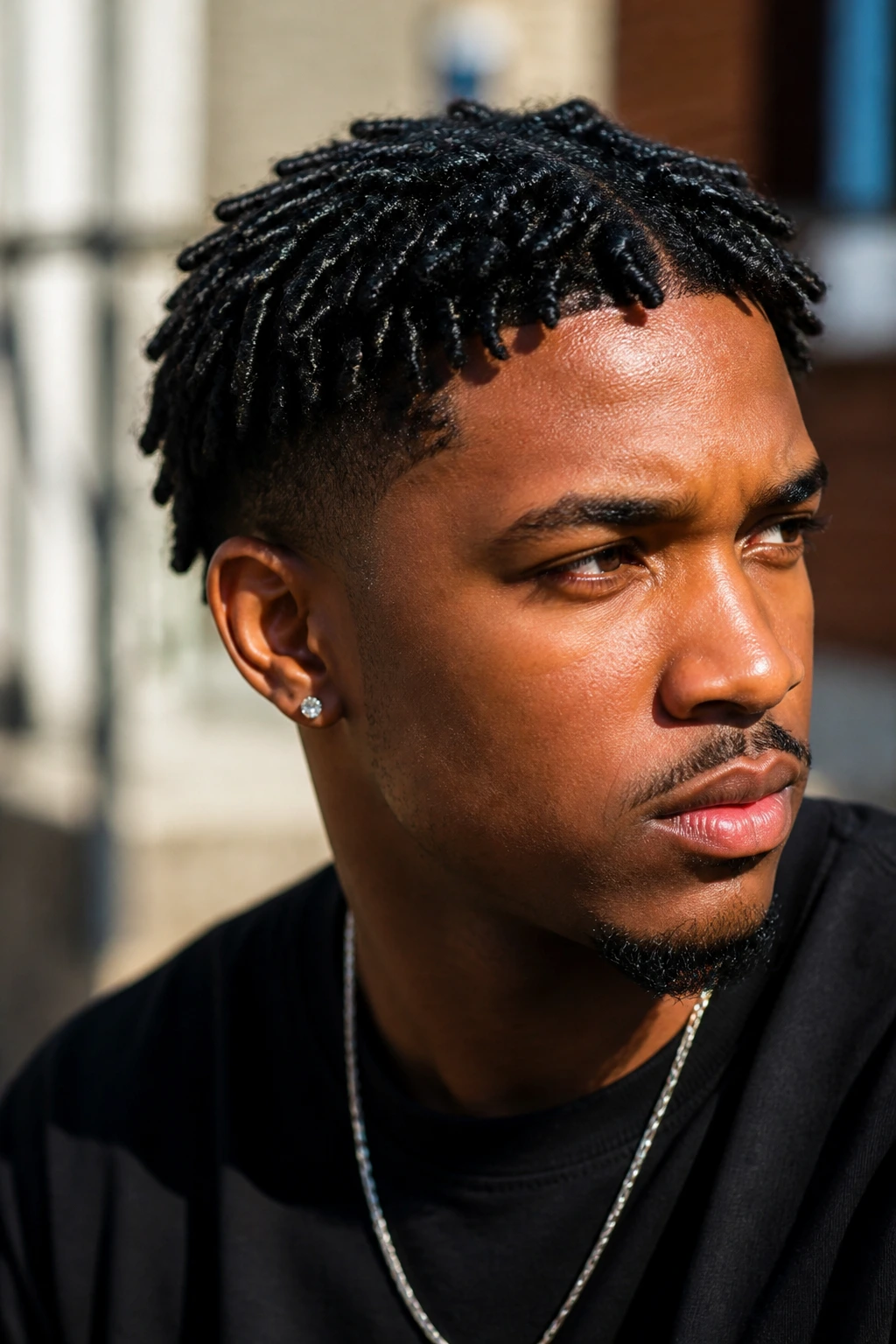 Close-up of a man with mini twists and side taper.