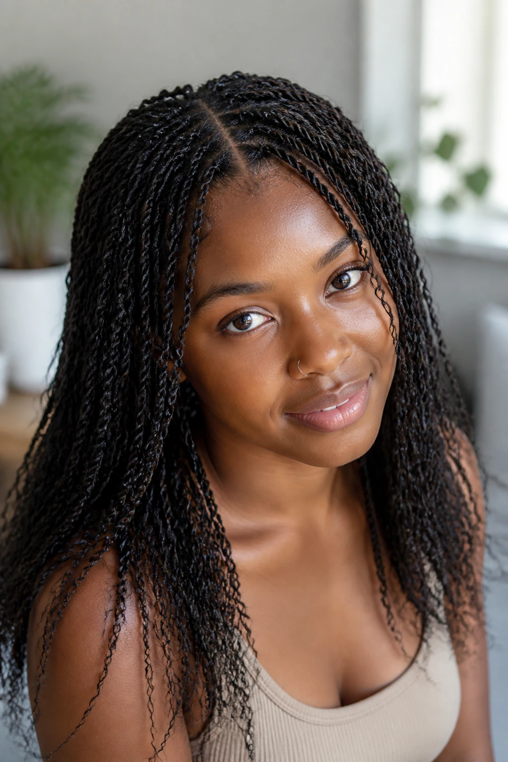 Portrait of a person with mini twists showing dense grid-like texture at the scalp.