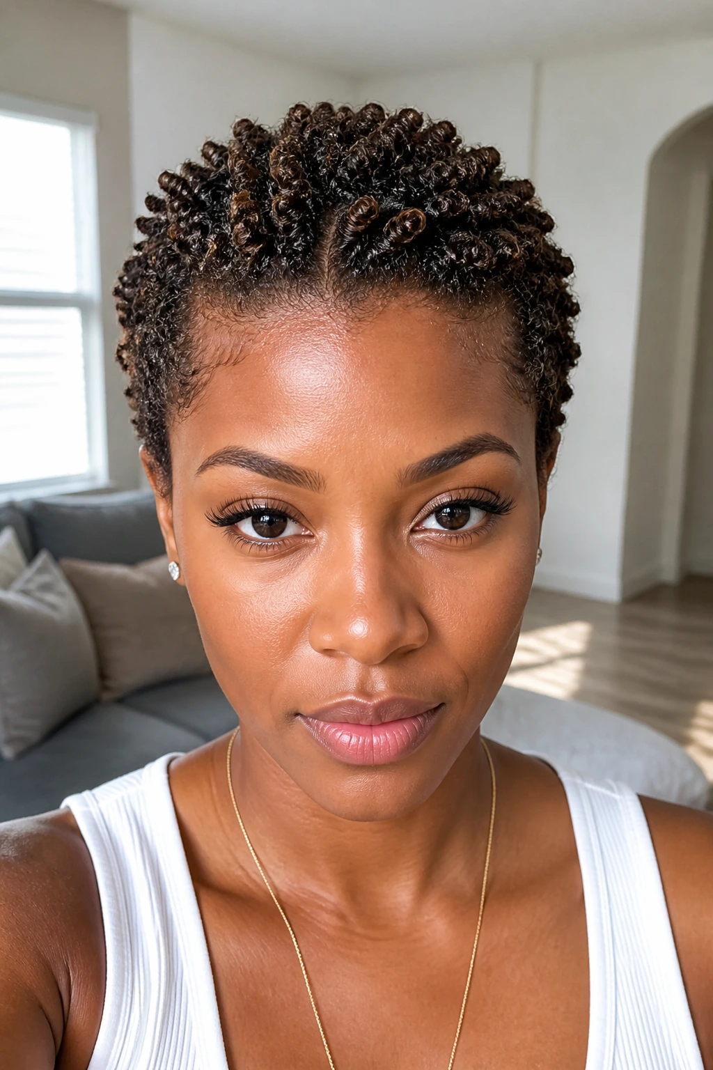 Close-up of a woman with mini twists on a TWA