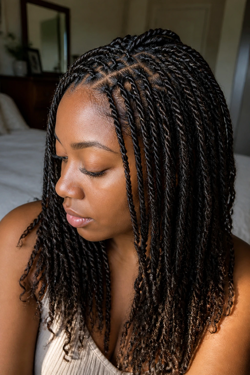 Portrait of a real woman with many mini twists