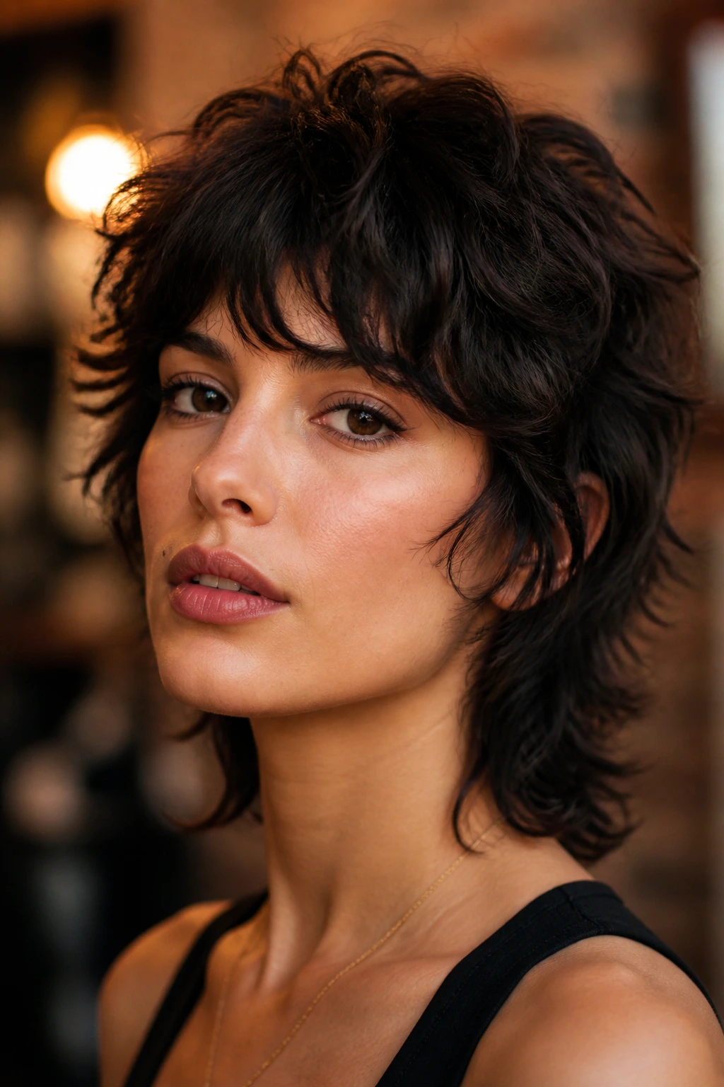Close-up of a real woman with a mini wolf cut and choppy crown pieces on a diamond face