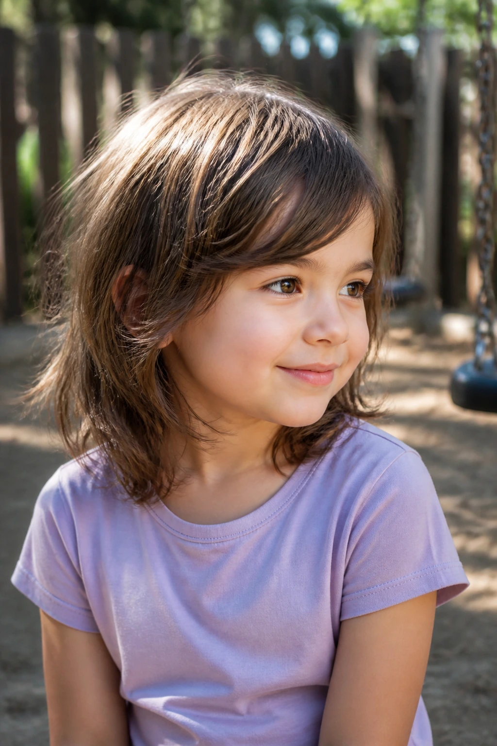 Close-up of a real child with a Mini Wolf Cut at a sunlit playground