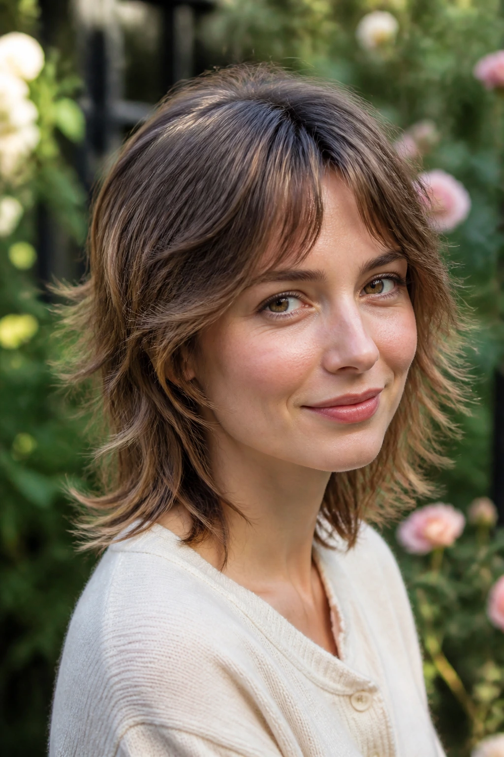 Close-up of a real woman with a mini wolf cut and feathered ends