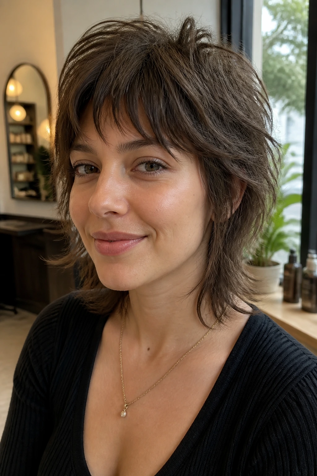 Close-up portrait of a real person with a mini wolf cut in a salon