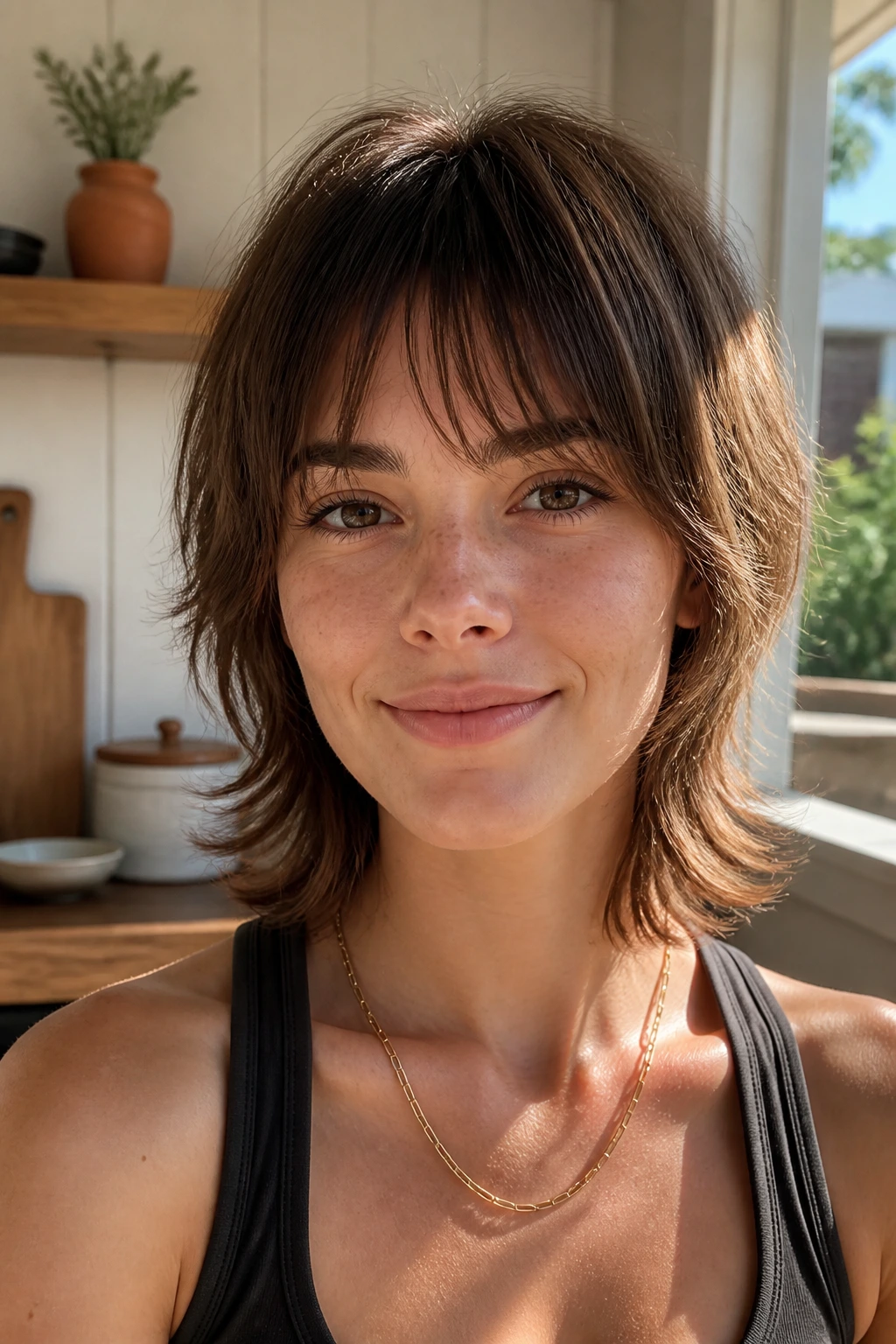 Close-up of real person with a mini wolf cut showing face-framing layers