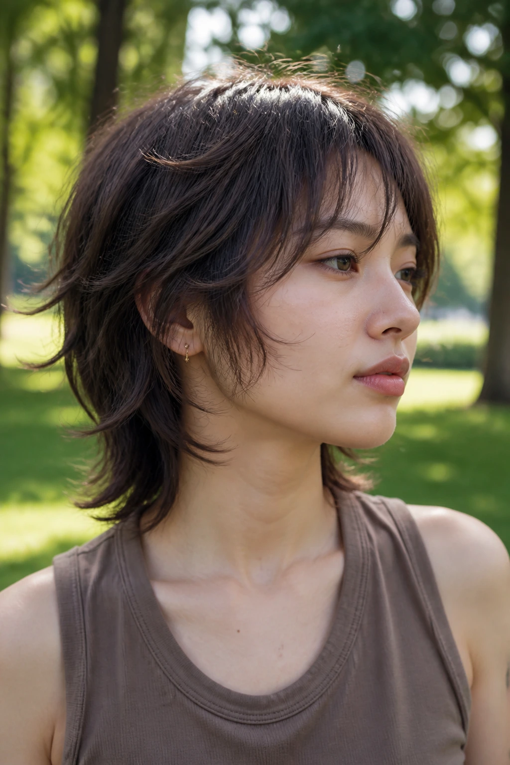 Close-up of a person with mini wolf cut and grown-out wisps outdoors in sunlight