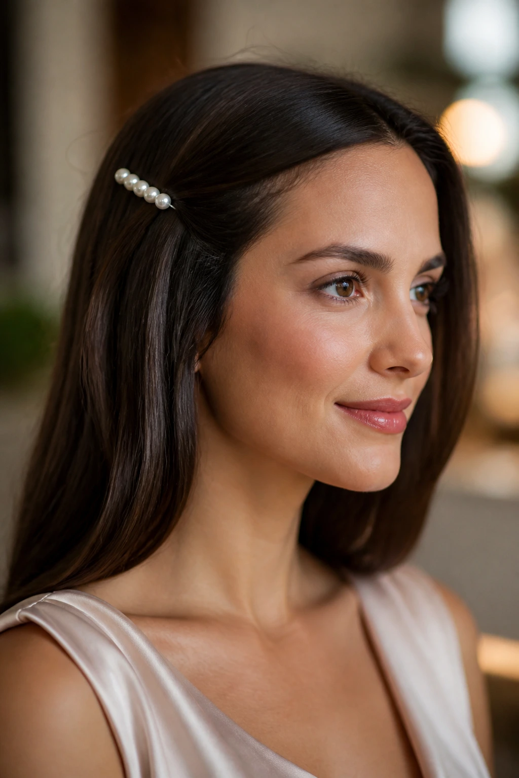 Hair with a single pearl clip for a polished look.