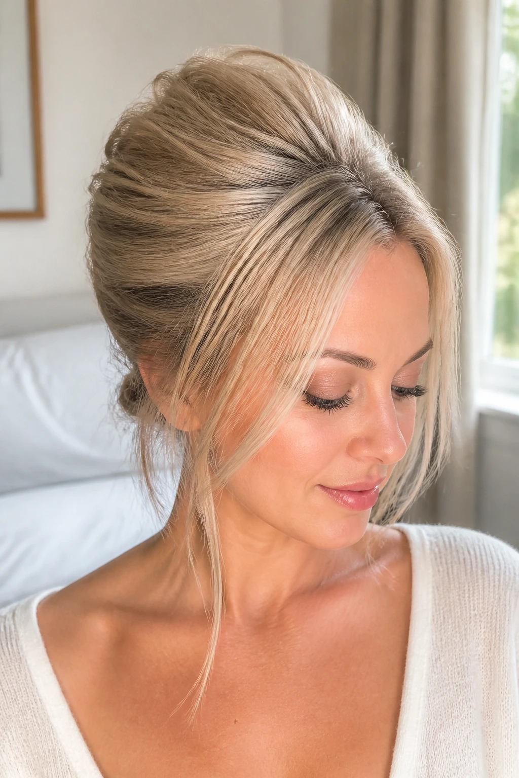 Close-up portrait of fine hair with subtle crown lift minimal bouffant