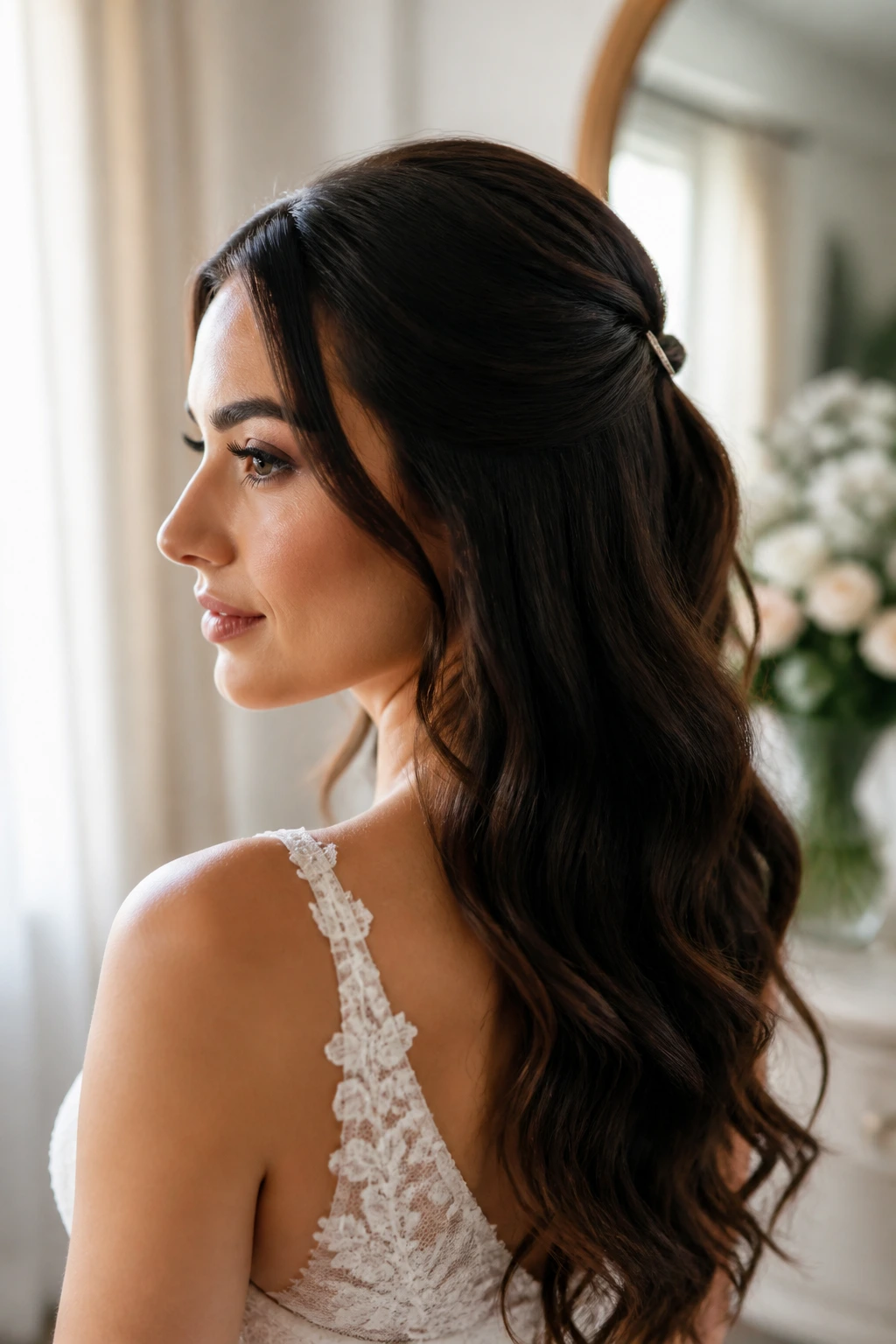 Bride with minimal clip-back half-up hairstyle in a bright bridal suite